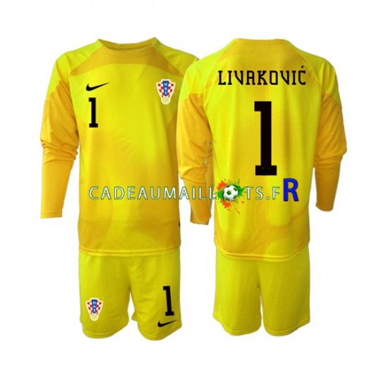 Croatie Maillot avec flocage Dominik Livakovic 1 Gardien Domicile Coupe du Monde 2022 ,Tenue Enfant ML