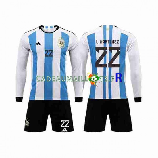 Argentine Maillot avec flocage 3 Stars Lautaro Martinez 22 Domicile Coupe du Monde 2022 ,Tenue Enfant ML