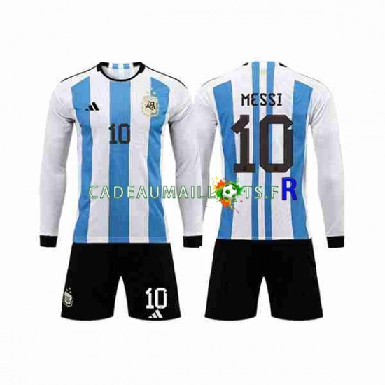 Argentine Maillot avec flocage 3 Stars Lionel Messi 10 Domicile Coupe du Monde 2022 ,Tenue Enfant ML