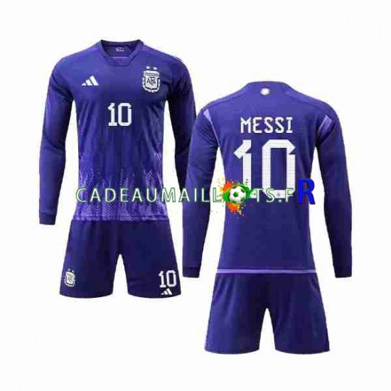 Argentine Maillot avec flocage 3 Stars Lionel Messi 10 Extérieur Coupe du Monde 2022 ,Tenue Enfant ML